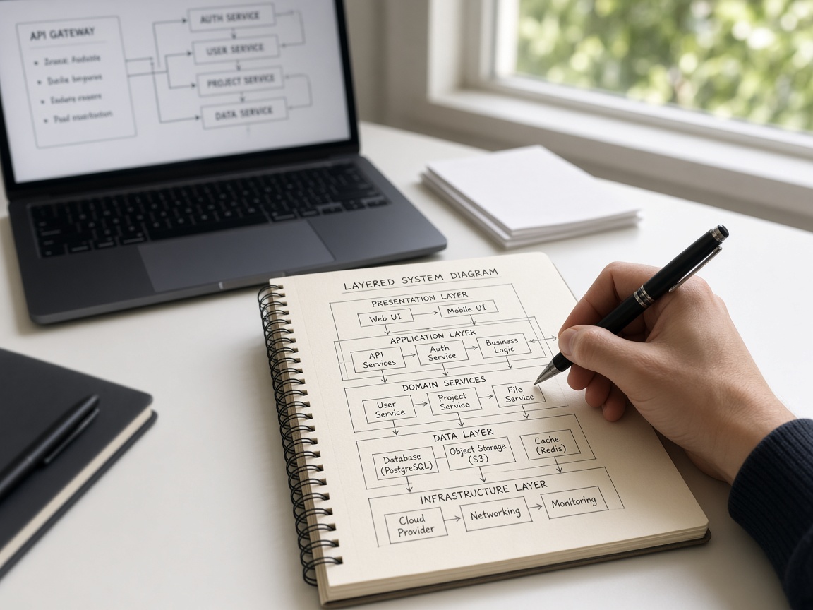 Architecture web moderne : frontend React, API Node.js, base de données et couche sécurité.