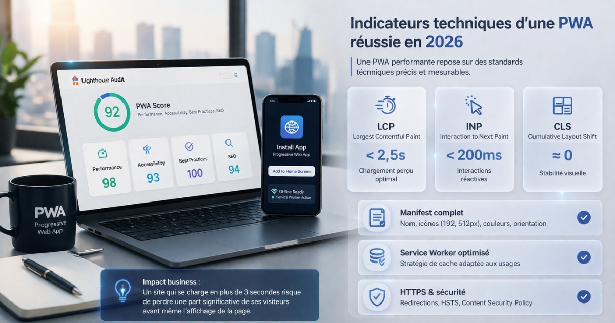 Indicateurs techniques d’une PWA réussie en 2026 avec score Lighthouse, Core Web Vitals (LCP, INP, CLS), manifest complet, service worker et sécurité HTTPS.
