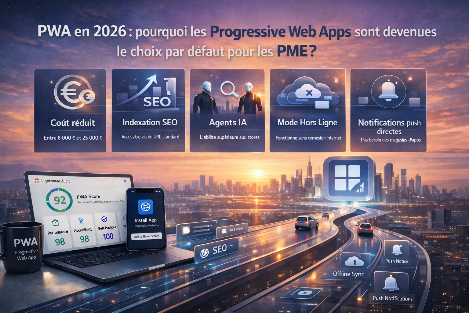 Illustration des indicateurs techniques d’une PWA réussie en 2026 : score Lighthouse élevé, LCP inférieur à 2,5 s, INP sous 200 ms, CLS proche de zéro, SEO et sécurité HTTPS.