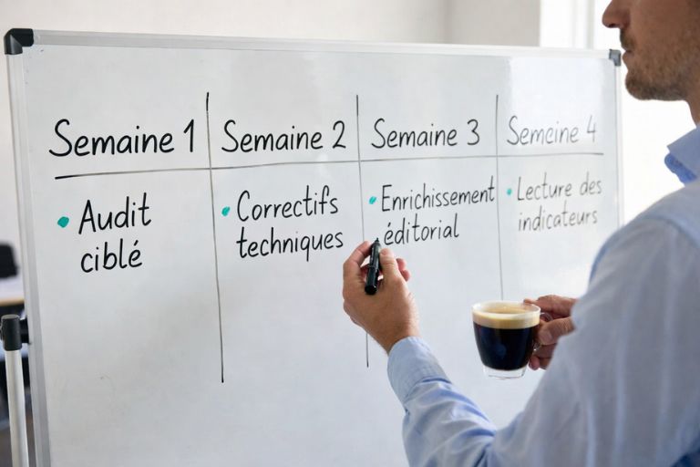 Plan sur quatre semaines : audit des pages, correctifs techniques, enrichissement puis indicateurs Search Console et conversions.