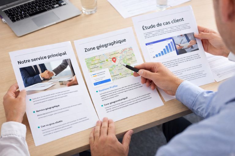 SERP avec couche « réponse » au-dessus des liens ; prioriser trois pages (service, local, étude de cas) et leur intention.